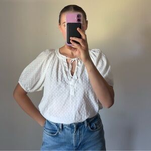 Cotton Front Tie Long Short Puff Sleeve Blouse Women’s Size Small